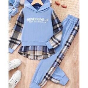 Unbranded TeenGirl's Light Blue W/plaid Pullover Long Sleeve Hoodie &Pants 13/14